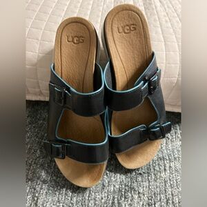 UGG Blue-Black Double Leather Strap Platform HANNELI Sandals